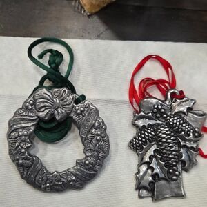 Vintage Carson Pewter Christmas Ornaments Wreath Pinecone Set of 2 1993